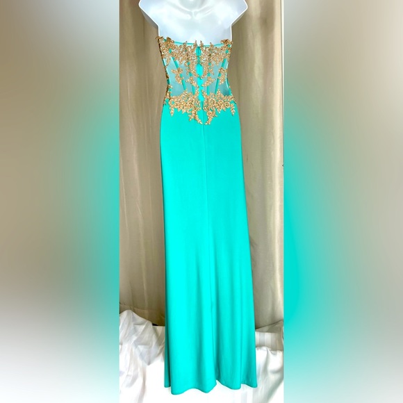 Prom Gown Glow by Colors Size 6, Tiffany Turquoise with Rose Gold Lace Bodice - Picture 17 of 17